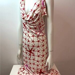 Versace Red and White Cowl Neck Sheath Midi Dress